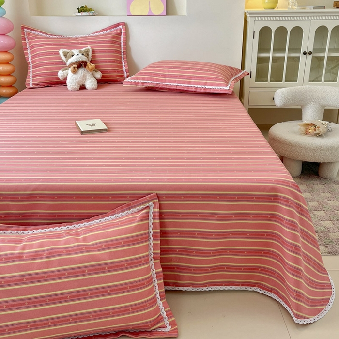 91家纺网 家纺一手货源 找家纺 新印象  2025新款花边老粗布床单款床笠款三件套细条纹-红
