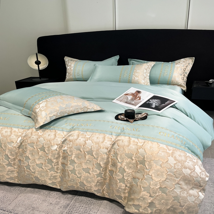 91家纺网 家纺一手货源 找家纺 米彩家纺 2025新款A类水洗真丝金丝浮雕提花绣花四件套 桃花-水绿