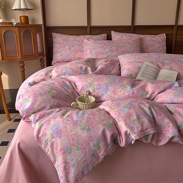 91家纺网 家纺一手货源 找家纺 优品阁  2025新款A类全棉有氧双层纱四件套 亦然花语