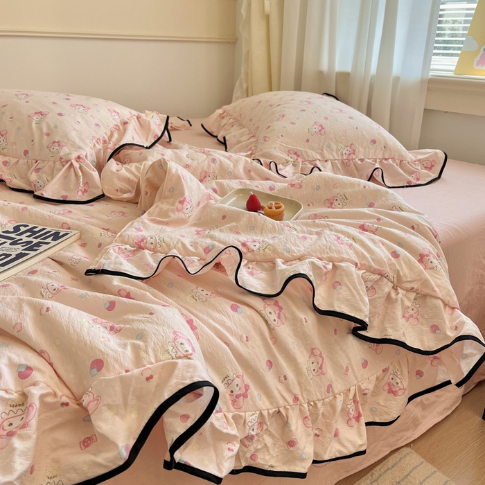 91家纺网 家纺一手货源 找家纺 欧尚 2025新款细黑边夏被床单床盖三件套 粉蒂