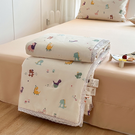 斯卡诺家纺 2025新款针织双层纱韩版花边夏被四件套夏季夏凉被空调被 小恐龙