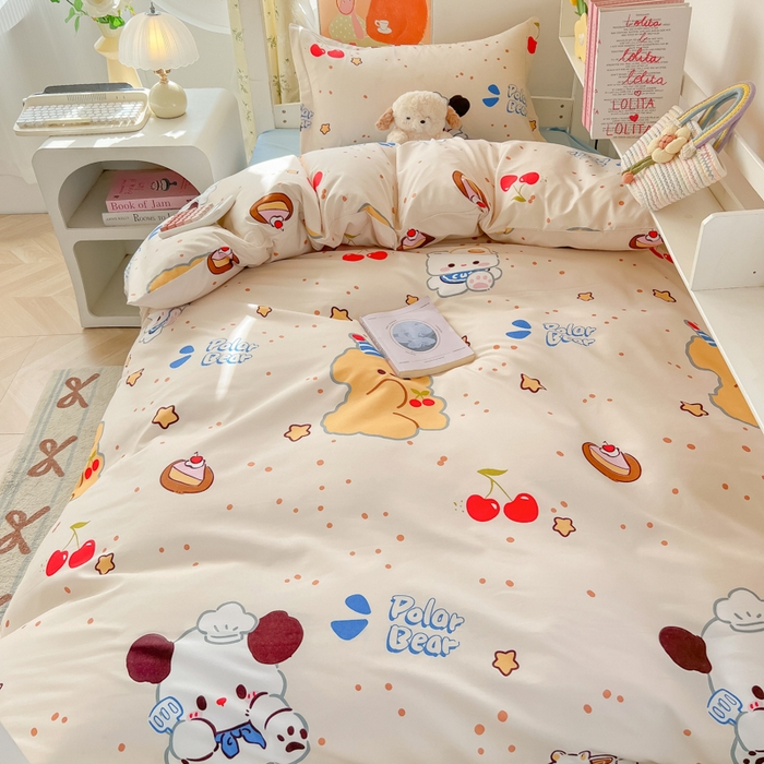 91家纺网 家纺一手货源 找家纺 悦织湾家纺 2025新款印花学生宿舍亲肤芦荟棉三件套单双人四件套轻奢印花磨毛床上用品 蛋糕熊