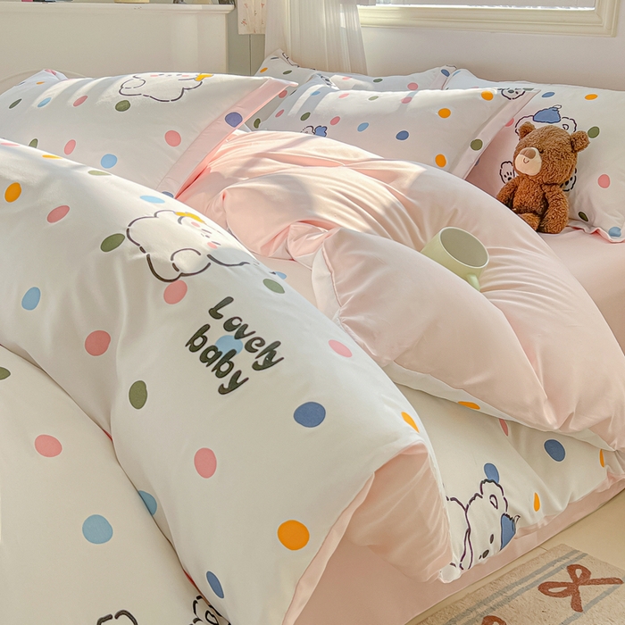 91家纺网 家纺一手货源 找家纺 悦织湾家纺 2025新款亲肤芦荟棉四件套轻奢印花磨毛床上用品亲肤棉四件套 彩点小熊