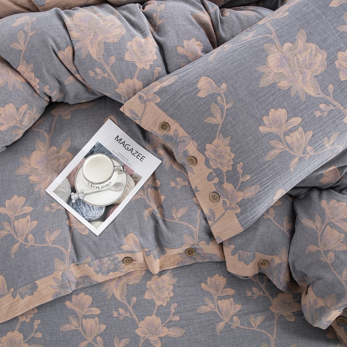 91家纺网 家纺一手货源 找家纺 2025新款全棉色织双层纱纽扣款四件套 七里香-粉灰