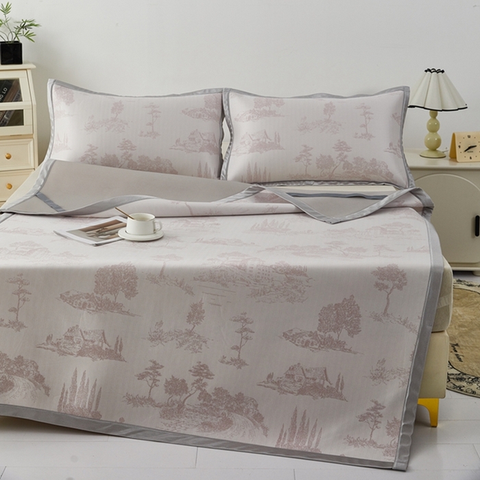 91家纺网 家纺一手货源 找家纺 曲宿家纺 2025新款A类高分子色织提花软凉席系列 山涧-粉