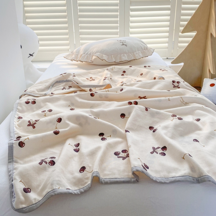 91家纺网 家纺一手货源 找家纺 潮邦 2025新款全棉双层纱多功能盖毯 车厘子