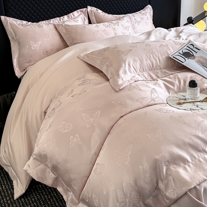 91家纺网 家纺一手货源 找家纺 狂想家 2025新款高奢提花水洗天丝系列四件套 蝶之恋轻奢粉