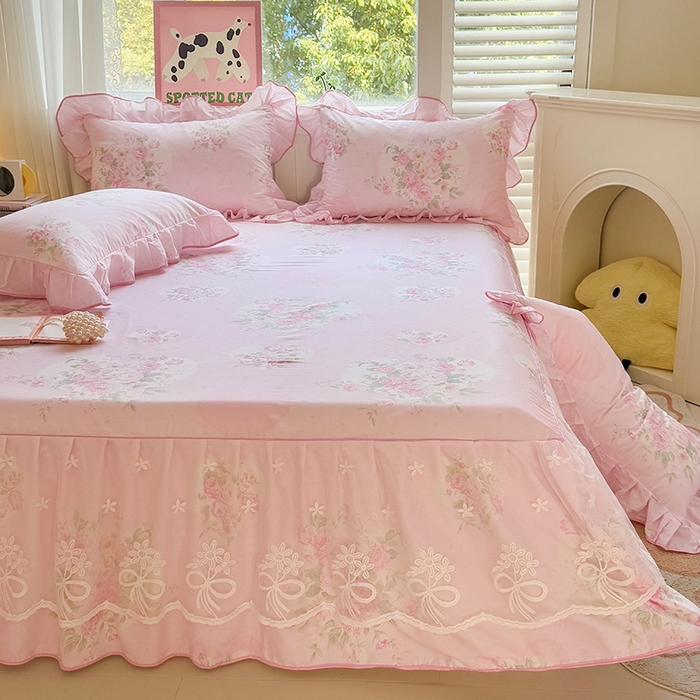 91家纺网 家纺一手货源 找家纺 宜凡家纺 2025新款全棉蕾丝花边床裙三件套 弥花集