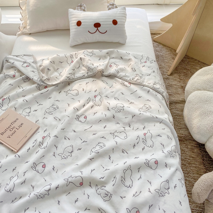 91家纺网 家纺一手货源 找家纺 潮邦 2025新款全棉双层纱多功能盖毯 兔跳跳