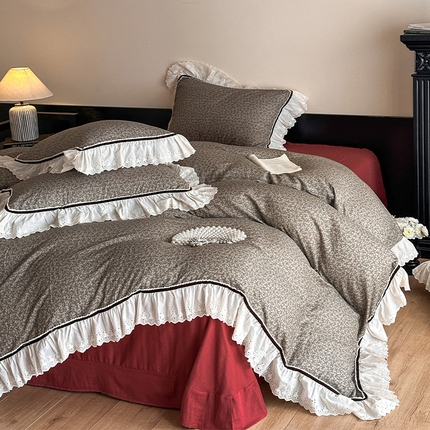 蓝邻家纺 2025春夏新款全棉纯棉复古双层纱花边织带款四件套 春风细叶