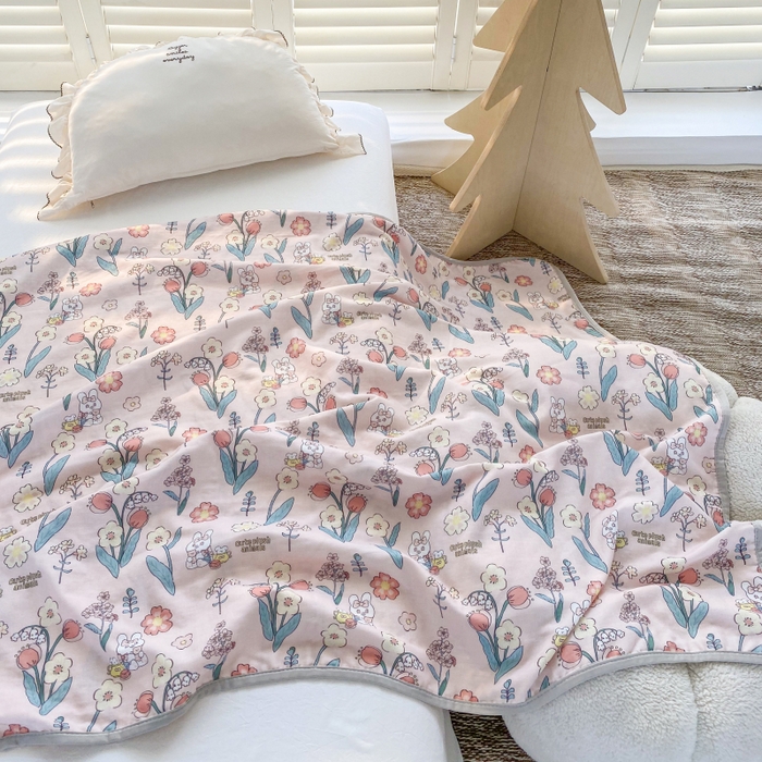 91家纺网 家纺一手货源 找家纺 潮邦 2025新款全棉双层纱多功能盖毯 心怡粉