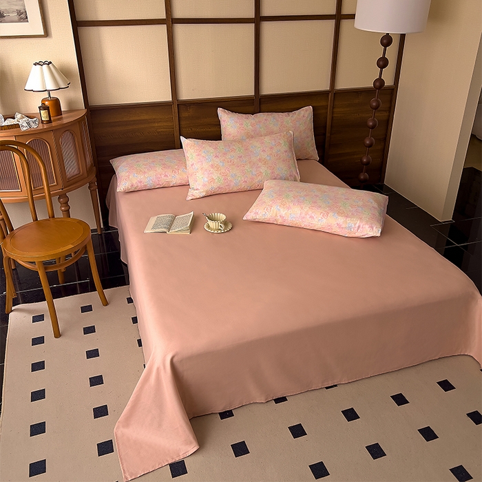 91家纺网 家纺一手货源 找家纺 优品阁  2025新款A类全棉有氧双层纱四件套 绯色花间