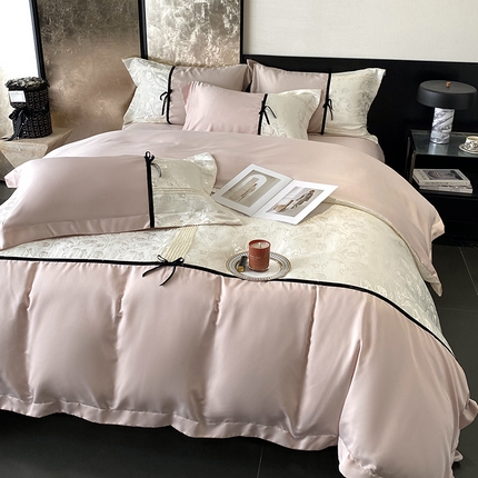 91家纺网 家纺一手货源 找家纺 （总）优悦生活馆 2025年新款工艺款冰丝浮雕拼接四件套,璀璨之恋-粉,璀璨之恋-红,璀璨之恋-香槟