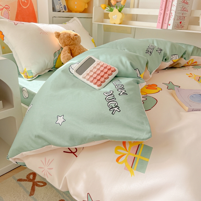 91家纺网 家纺一手货源 找家纺 悦织湾家纺 2025新款印花学生宿舍亲肤芦荟棉三件套单双人四件套轻奢印花磨毛床上用品 开心鸭