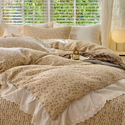 91家纺网 家纺一手货源 找家纺 （总）X猫先生 2025新款法式全棉双层纱床盖套件夹棉床单三四件套（A类母婴级）