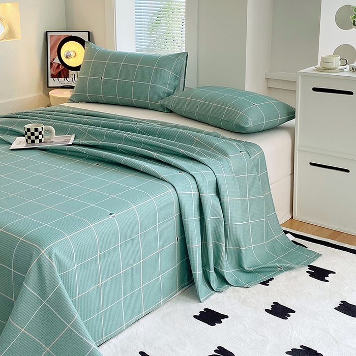 91家纺网 家纺一手货源 找家纺 爱彼家纺 2025新款锦柔老粗布席子凉席床单 绿条格