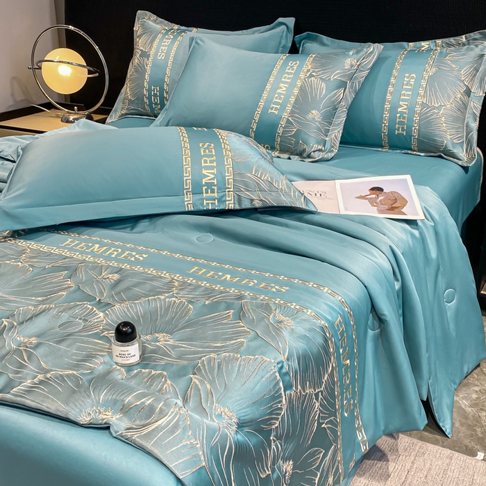 91家纺网 家纺一手货源 找家纺 子曰 2025新款金丝提花浮雕刺绣水洗真丝夏被四件套夏凉被空调被 花语-蓝