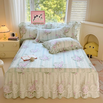 宜凡家纺 2025新款全棉蕾丝花边床裙三件套 夏沫花园
