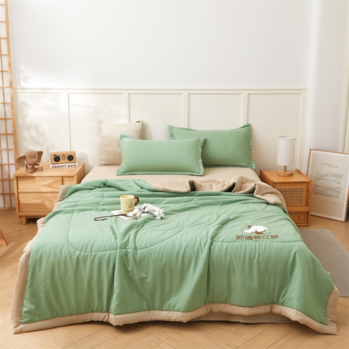 91家纺网 家纺一手货源 找家纺 西域种棉人·千百笠 2025新款A类100%新疆棉花夏凉被纯棉全棉填充毛巾绣绣花纯色双拼原棉空调被夏被 云暖-青果绿