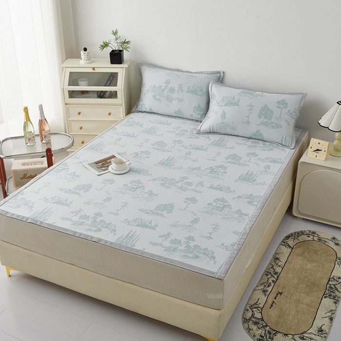 91家纺网 家纺一手货源 找家纺 曲宿家纺 2025新款A类高分子色织提花软凉席系列 山涧-湖蓝