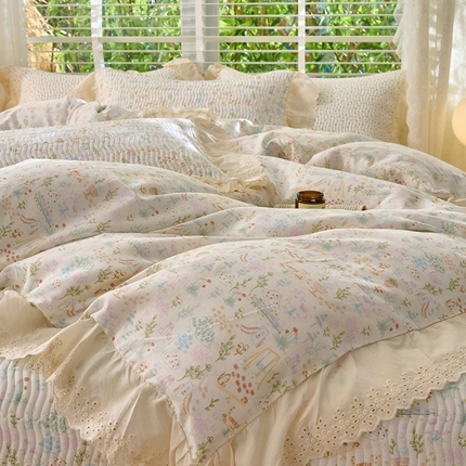 91家纺网 家纺一手货源 找家纺 （总）X猫先生 2025新款法式全棉双层纱床盖套件夹棉床单三四件套（A类母婴级）