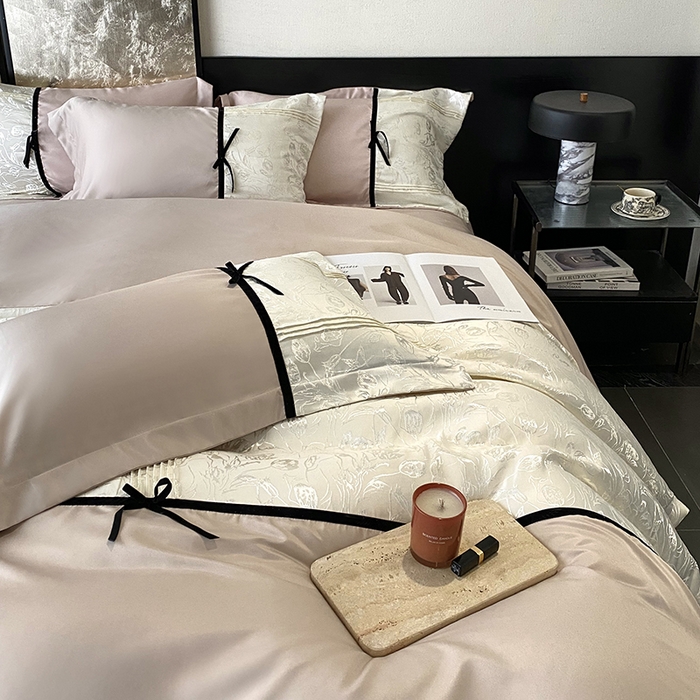 91家纺网 家纺一手货源 找家纺 优悦生活馆 2025年新款工艺款冰丝浮雕拼接四件套 璀璨之恋-香槟