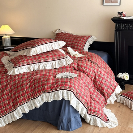 蓝邻家纺 2025春夏新款全棉纯棉复古双层纱花边织带款四件套 清格