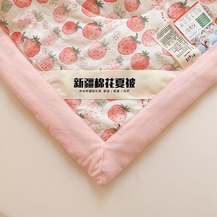 91家纺网 家纺一手货源 找家纺 西域种棉人·千百笠 2025新款A类新疆棉花夏凉被加宽包边水洗棉卡通印花吸湿透气棉花夏被空调被 凌香 草莓