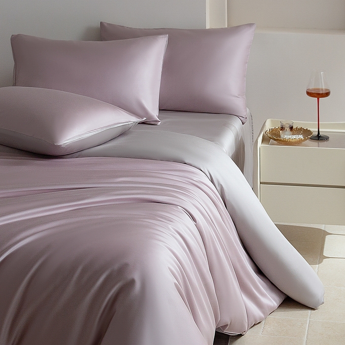 91家纺网 家纺一手货源 找家纺 云栖家居 202560支兰精天丝纯拼色四件套 紫灰银灰