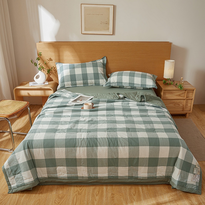 91家纺网 家纺一手货源 找家纺 西域种棉人·千百笠 2025新款A类100%新疆棉花夏凉被纯棉全棉填充原棉空调被手工宽边水洗棉夏被 绿中格