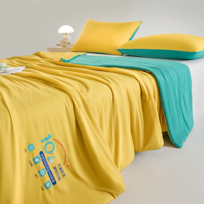 91家纺网 家纺一手货源 找家纺 宝士康家纺 2025春夏新款10A抗菌凉感丝夏被夏凉被空调被 橘黄绿野