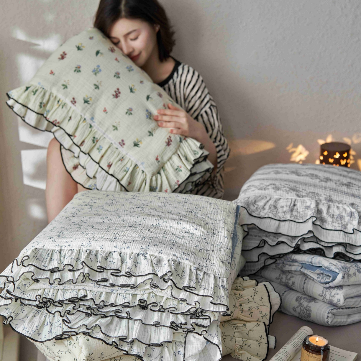 91家纺网 家纺一手货源 找家纺 安莱生活 2025年全棉纯棉精梳棉双层纱绉纱数码印花夏被夏凉被空调被-系列二 组合图仅做展示