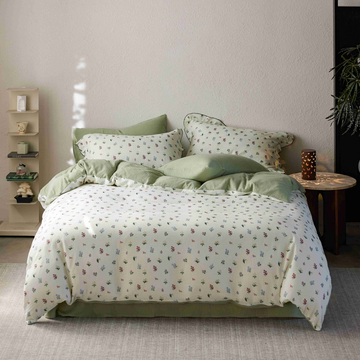 91家纺网 家纺一手货源 找家纺 安莱生活 2025新款全棉纯棉精梳棉双层纱绉纱数码印花四件套系列二 铃兰花语