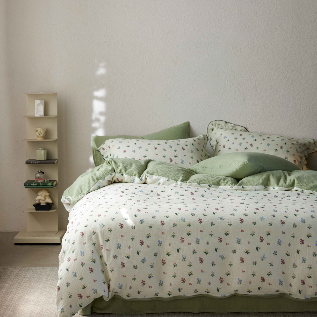 91家纺网 家纺一手货源 找家纺 安莱生活 2025新款全棉纯棉精梳棉双层纱绉纱数码印花四件套系列二 铃兰花语