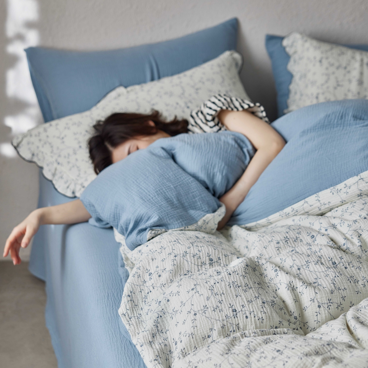 91家纺网 家纺一手货源 找家纺 安莱生活 2025新款全棉纯棉精梳棉双层纱绉纱数码印花四件套系列二 花开半夏-蓝