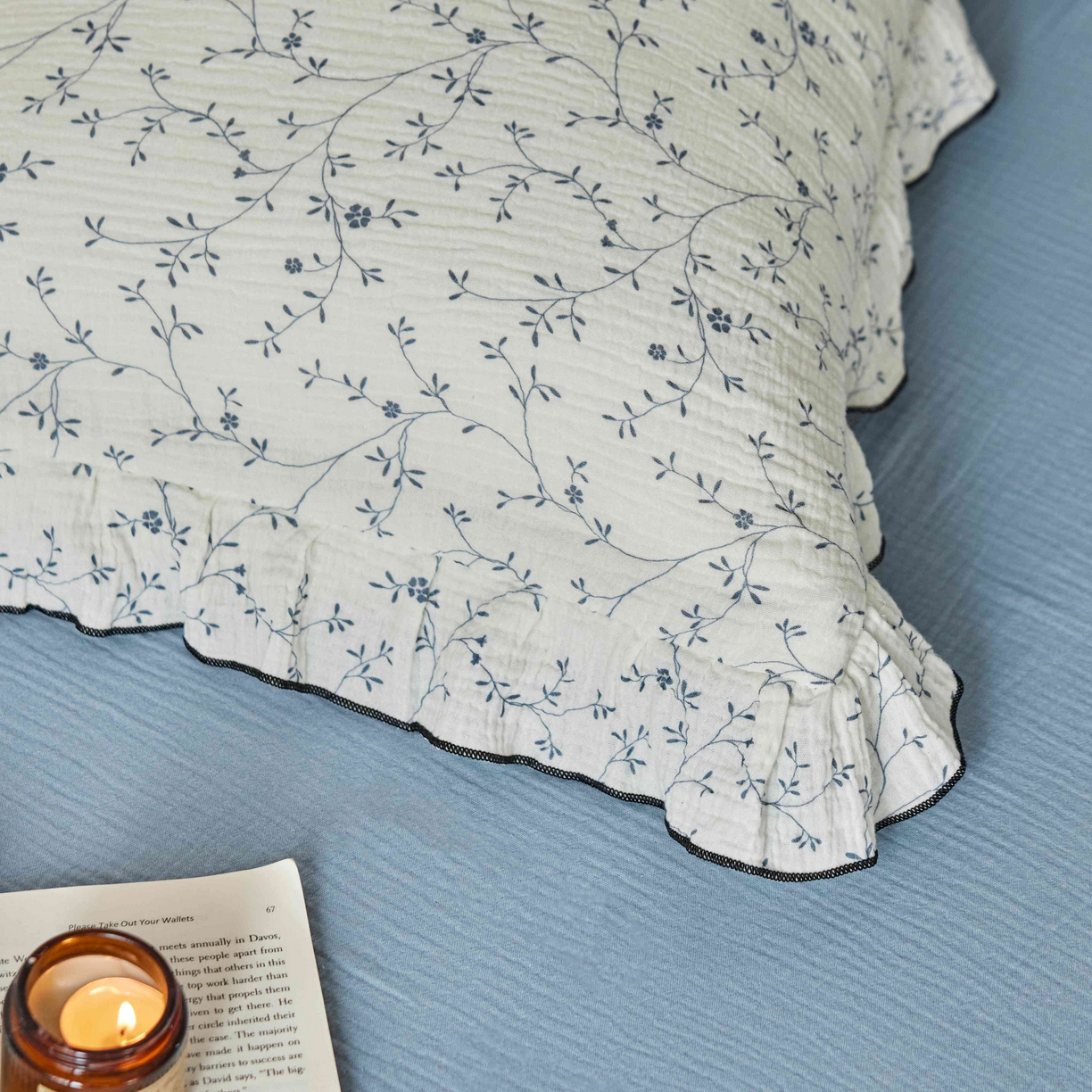 91家纺网 家纺一手货源 找家纺 安莱生活 2025新款全棉纯棉精梳棉双层纱绉纱数码印花四件套系列二 花开半夏-蓝