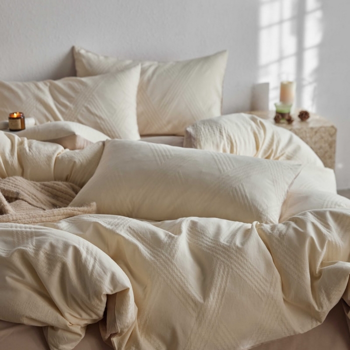 91家纺网 家纺一手货源 找家纺 2025新款全棉纯棉色织提花四件套（艾薇） 艾薇—汝窑白