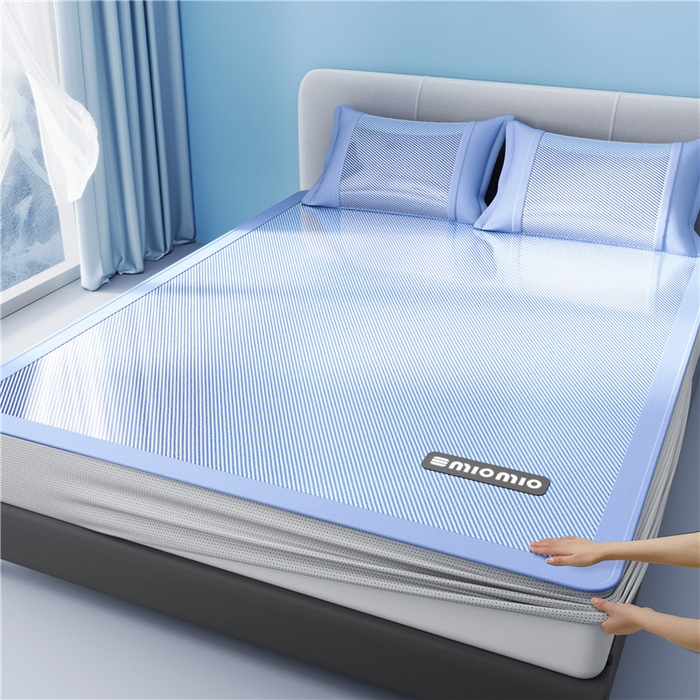 91家纺网 家纺一手货源 找家纺 悠米悠家 2025春夏新款斜纹烫画凉感冰丝席凉席席子 床席款-蓝