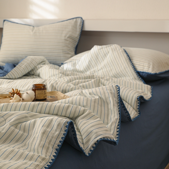 简宜家居（朝初家纺） 2025春夏新款全棉纯棉贝壳边水洗棉夏被夏凉被空调被 贝壳边-蓝灰条