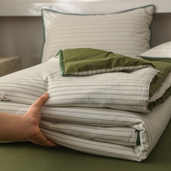 91家纺网 家纺一手货源 找家纺 简宜家居（朝初家纺） 2025春夏新款全棉纯棉贝壳边水洗棉夏被夏凉被空调被 贝壳边 绿灰条