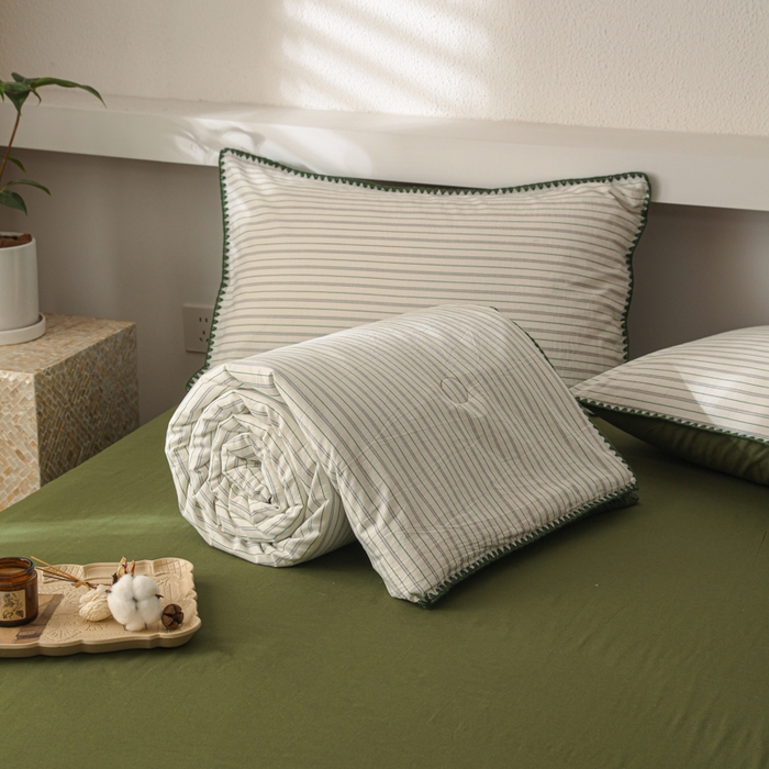 91家纺网 家纺一手货源 找家纺 简宜家居（朝初家纺） 2025春夏新款全棉纯棉贝壳边水洗棉夏被夏凉被空调被 贝壳边 绿灰条