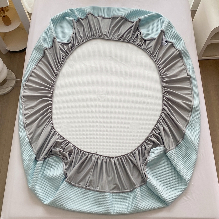 91家纺网 家纺一手货源 找家纺 欧邦 2025春夏新款5A抗菌华夫格凉感冰豆床笠款凉席席子-小熊系列 小熊-孔雀蓝