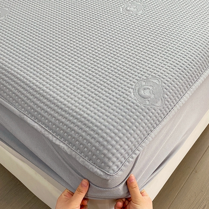 91家纺网 家纺一手货源 找家纺 欧邦 2025春夏新款5A抗菌华夫格凉感冰豆床笠款凉席席子-小熊系列 小熊-极致灰