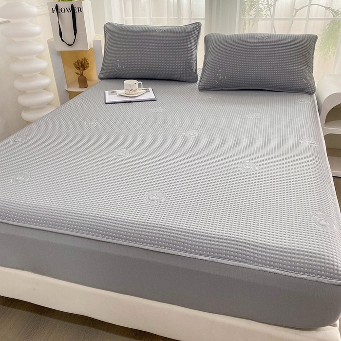 91家纺网 家纺一手货源 找家纺 欧邦 2025春夏新款5A抗菌华夫格凉感冰豆床笠款凉席席子-小熊系列 小熊-极致灰