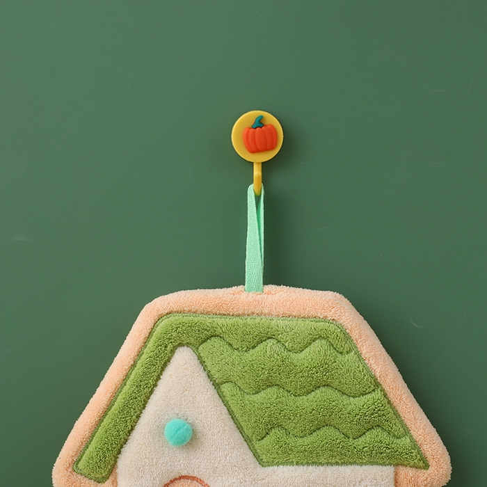 91家纺网 家纺一手货源 找家纺 2025新款珊瑚绒卡通可挂式加厚吸水不掉毛可爱小毛巾厨房洗手间挂巾便携式懒人擦手布-房子系列 橙色房子22*20cm