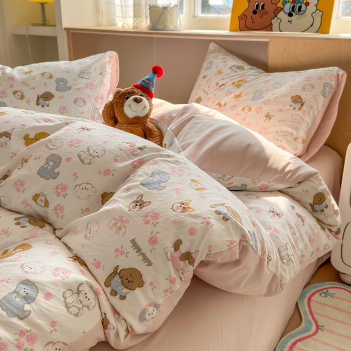 91家纺网 家纺一手货源 找家纺 冕悠家纺 2025新款A类高克重糯叽叽超柔糯水洗棉印花四件套-单被套 奶酪派对