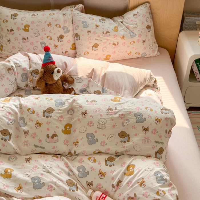 91家纺网 家纺一手货源 找家纺 冕悠家纺 2025新款A类高克重糯叽叽超柔糯水洗棉印花四件套-单被套 奶酪派对