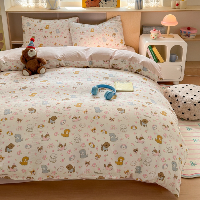 91家纺网 家纺一手货源 找家纺 冕悠家纺 2025新款A类高克重糯叽叽超柔糯水洗棉印花四件套-单被套 奶酪派对