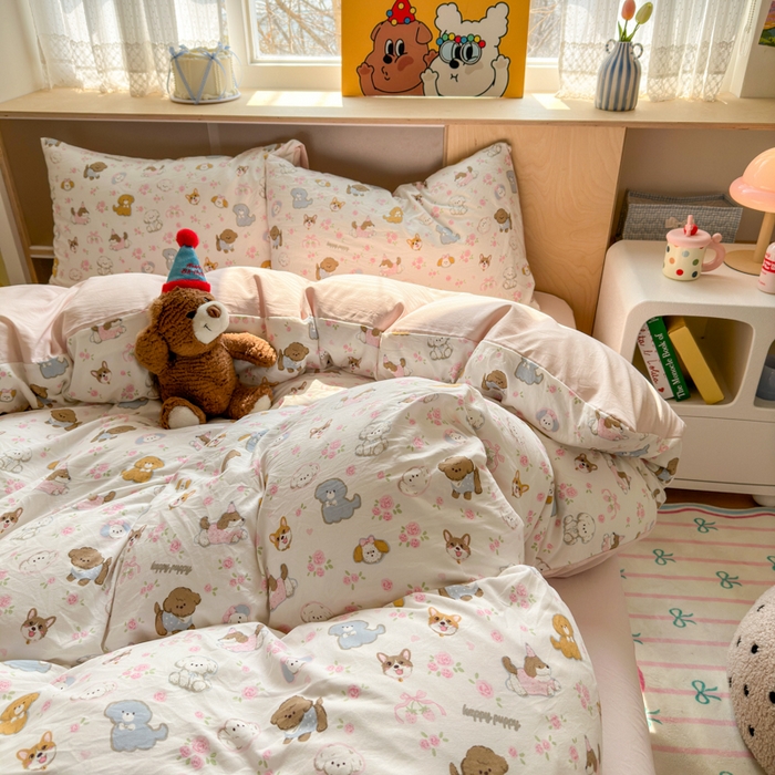 91家纺网 家纺一手货源 找家纺 冕悠家纺 2025新款A类高克重糯叽叽超柔糯水洗棉印花四件套-单被套 奶酪派对