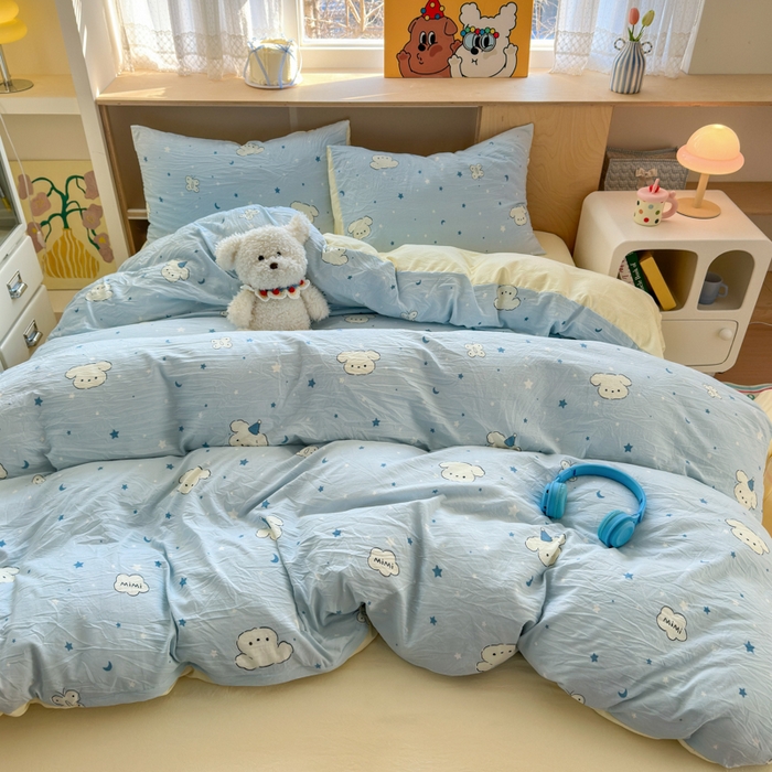 91家纺网 家纺一手货源 找家纺 冕悠家纺 2025新款A类高克重糯叽叽超柔糯水洗棉印花四件套-单被套 星空狗